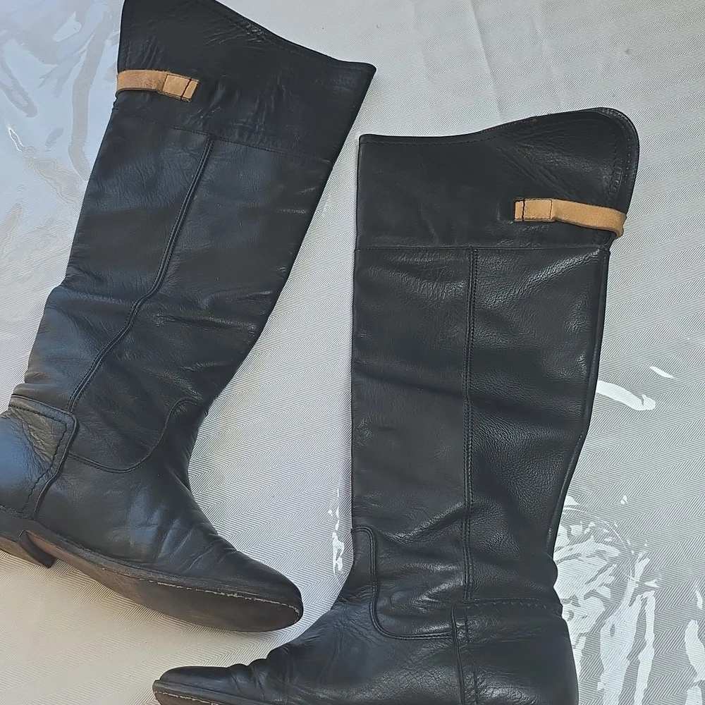 Frye Black Leather Knee-High Boots with Buckle 7.5‎